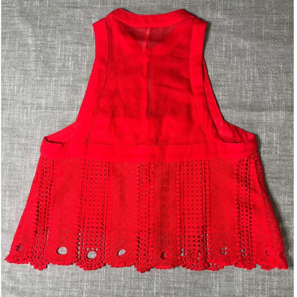 Free People Red Sleeveless‎ Crochet Lace Crop Top High Neck Button Front Small - Picture 7 of 9